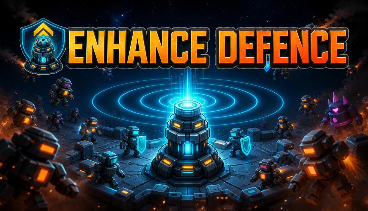 Enhance Defence key art showing a fortified tower surrounded by robotic enemies
