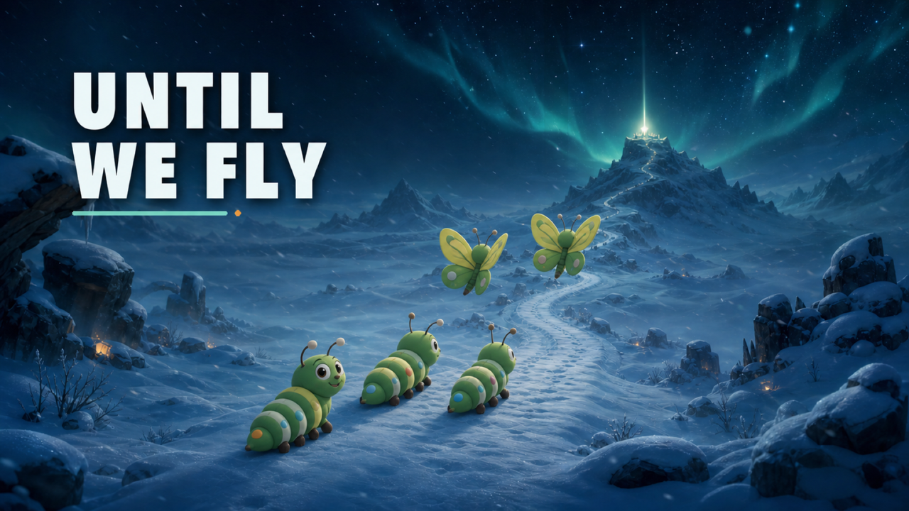 Until We Fly characters crossing a snowy landscape beneath the northern lights